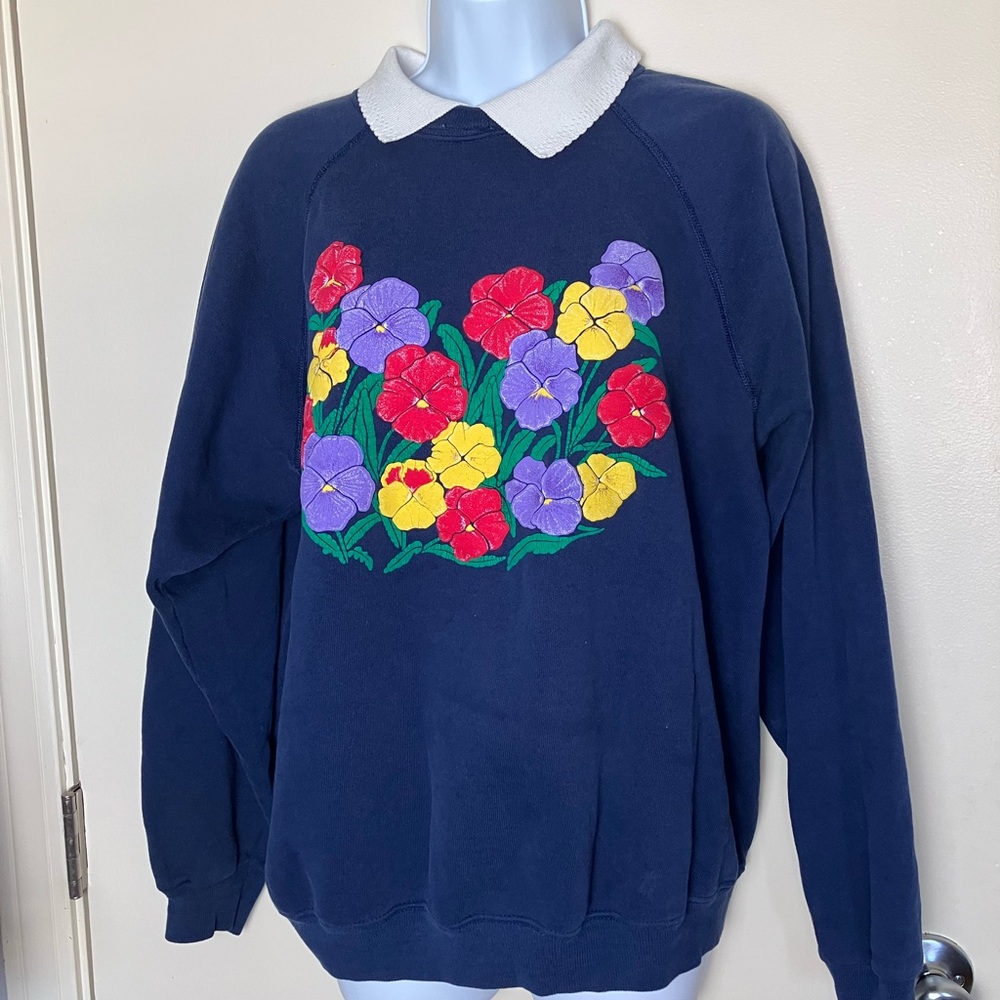 Vintage Blue Floral Barclay Square Hanes Sweatshirt With Collar Twee Size XL